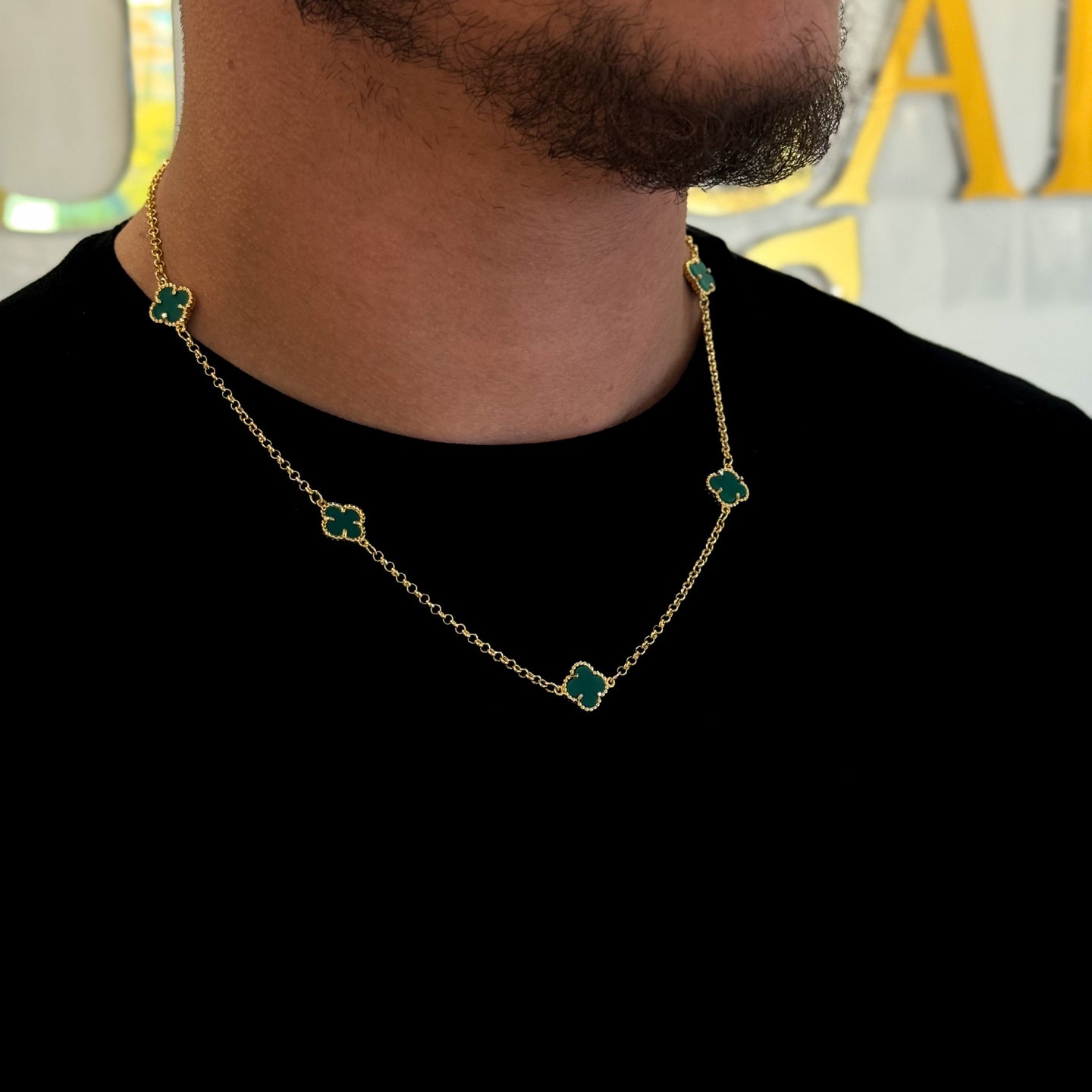 Corrente Elo Português 2mm Trevo Esmeralda Banhado A Ouro 18k