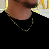 Corrente Elo Português 2mm Trevo Esmeralda Banhado A Ouro 18k