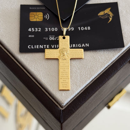 Pingente Crucifixo Com Oração Pai Nosso E Jesus 5x3,5cm Banhado A Ouro 18k