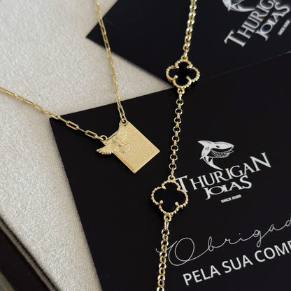 Kit Escapulário Espírito Santo Oração Pai Nosso e Pulseira Trevo Onix Banhado A Ouro 18k