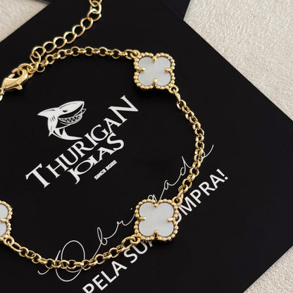 Pulseira Elo Português 2mm Trevo Safira Banhado A Ouro 18k