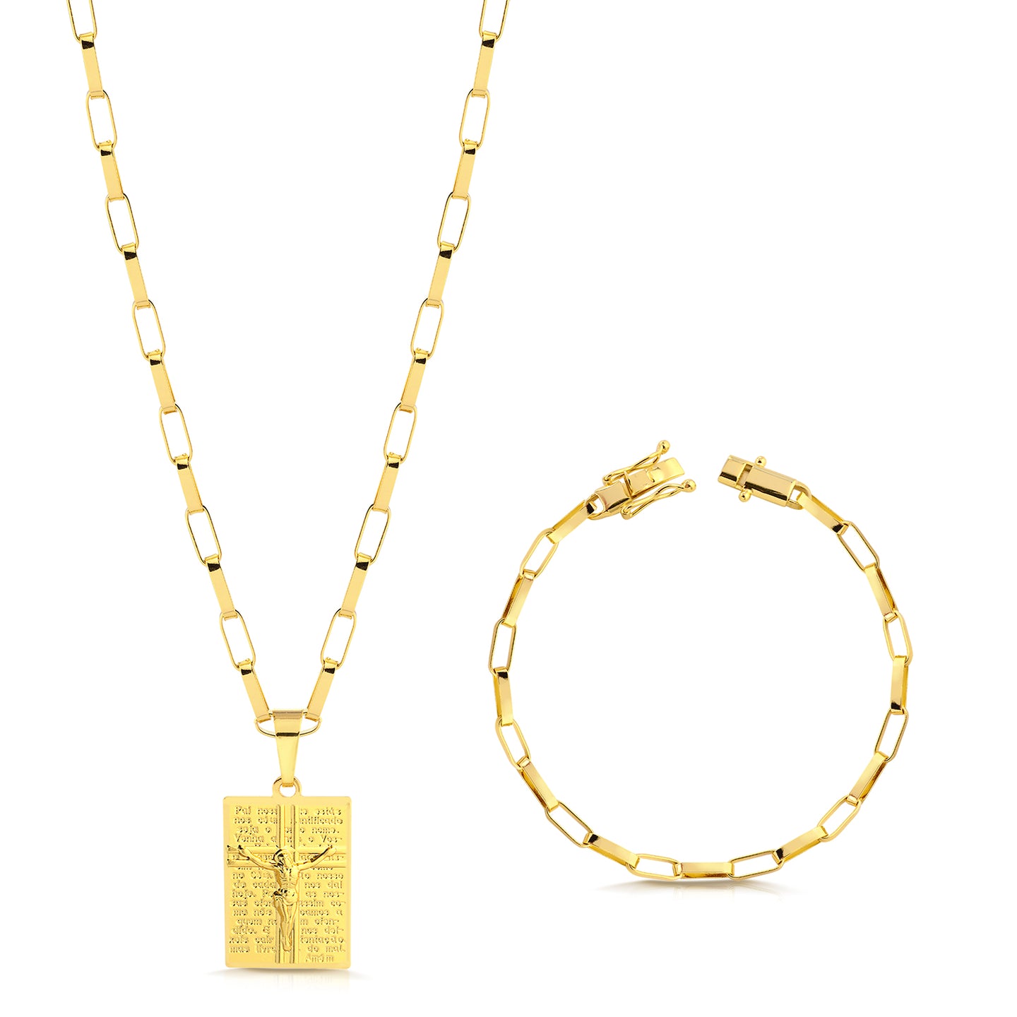 Colar Plaquinha Jesus Crucificado - Corrente e Pulseira Elo Alongado Banhado A Ouro 18k