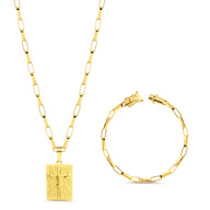 Colar Plaquinha Jesus Crucificado - Corrente e Pulseira Elo Alongado Banhado A Ouro 18k