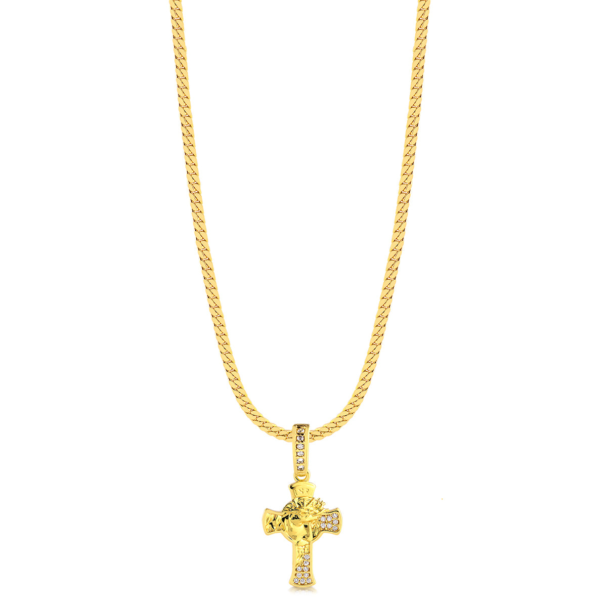 Colar Crucifixo Face De Cristo Detalhado Cravejado P - Corrente e Pulseira Grumet Flat Banhado A Ouro 18k