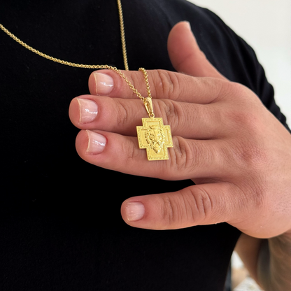 Colar Crucifixo Leão de Judá - Corrente Elo Português e Pulseira Grumet Flat 3mm Banhado A Ouro 18k