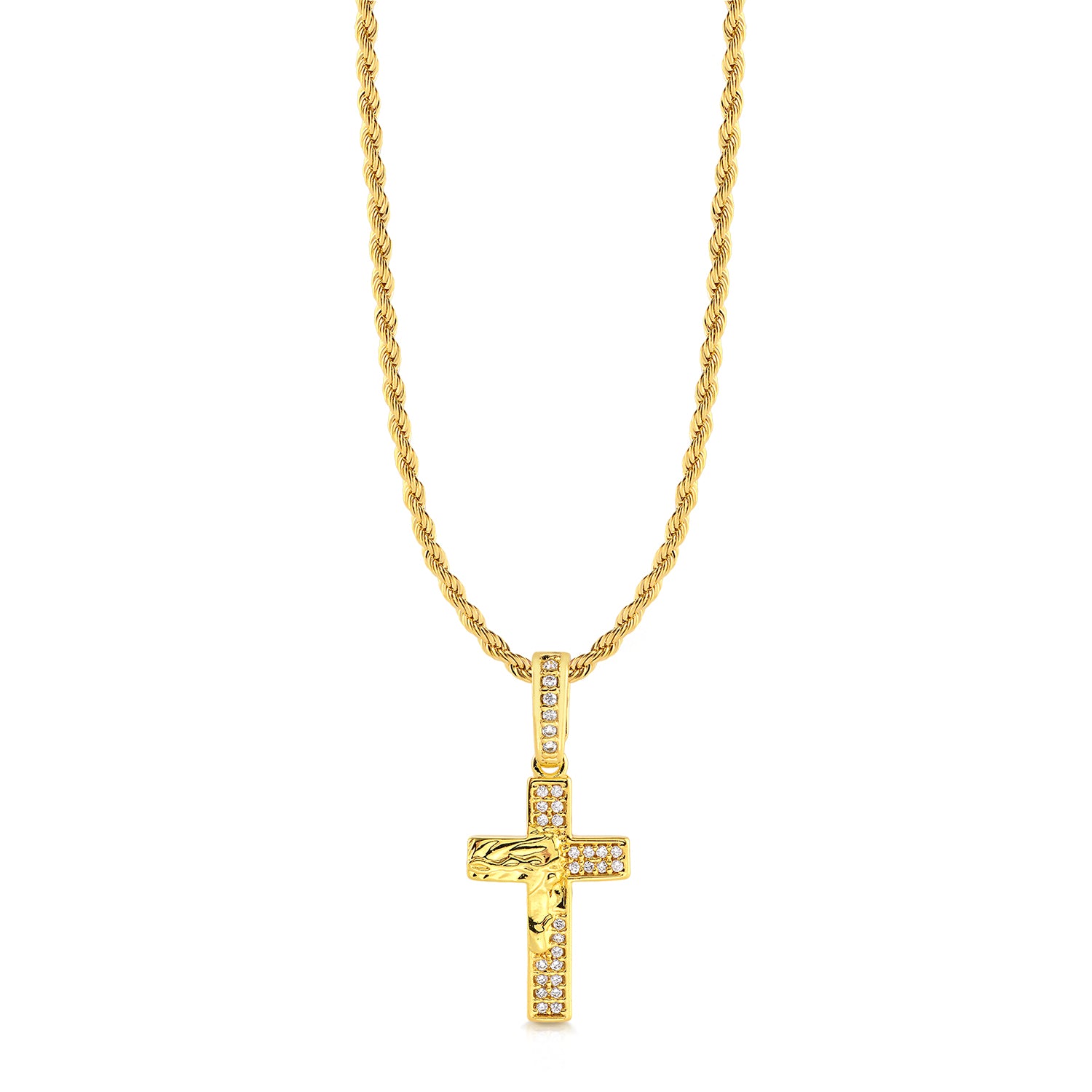 Colar Crucifixo Face De Cristo Cravejado P - Corrente Baiana Banhado A Ouro 18k