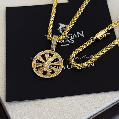 Colar Medalha N. Sra. Aparecida Vazado Cravejado P - Corrente e Pulseira Palmeira Banhado A Ouro 18k