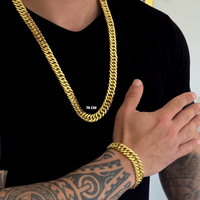 Kit Corrente e Pulseira Lacraia 13mm Fecho Duplo Banhado A Ouro 18k