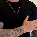 Colar Crucifixo Palito G - Corrente e Pulseira Cadeado Alongado Banhado A Ouro 18k