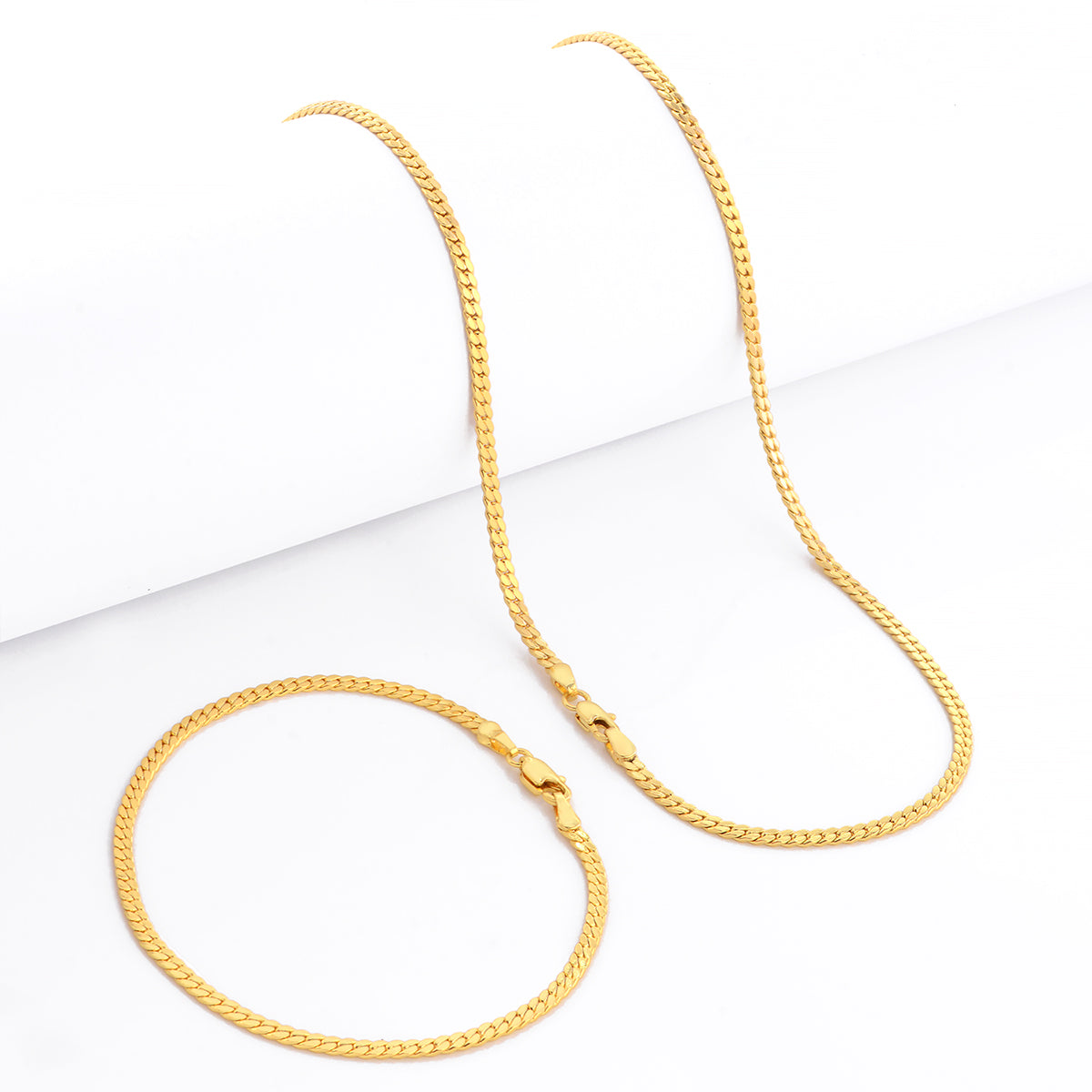 Kit Corrente e Pulseira Grumet Flat 3mm Fecho Lagosta Banhado A Ouro 18k