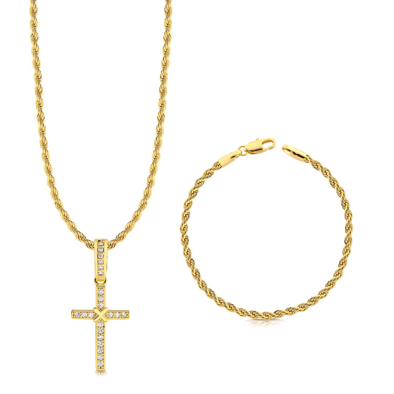 Colar Crucifixo Amarrado Cravejado - Corrente e Pulseira Baiana Banhado A Ouro 18k