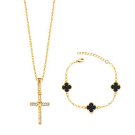 Colar Crucifixo Amarrado - Corrente Elo Português e Pulseira Elo Português Trevo Ônix Banhado A Ouro 18k