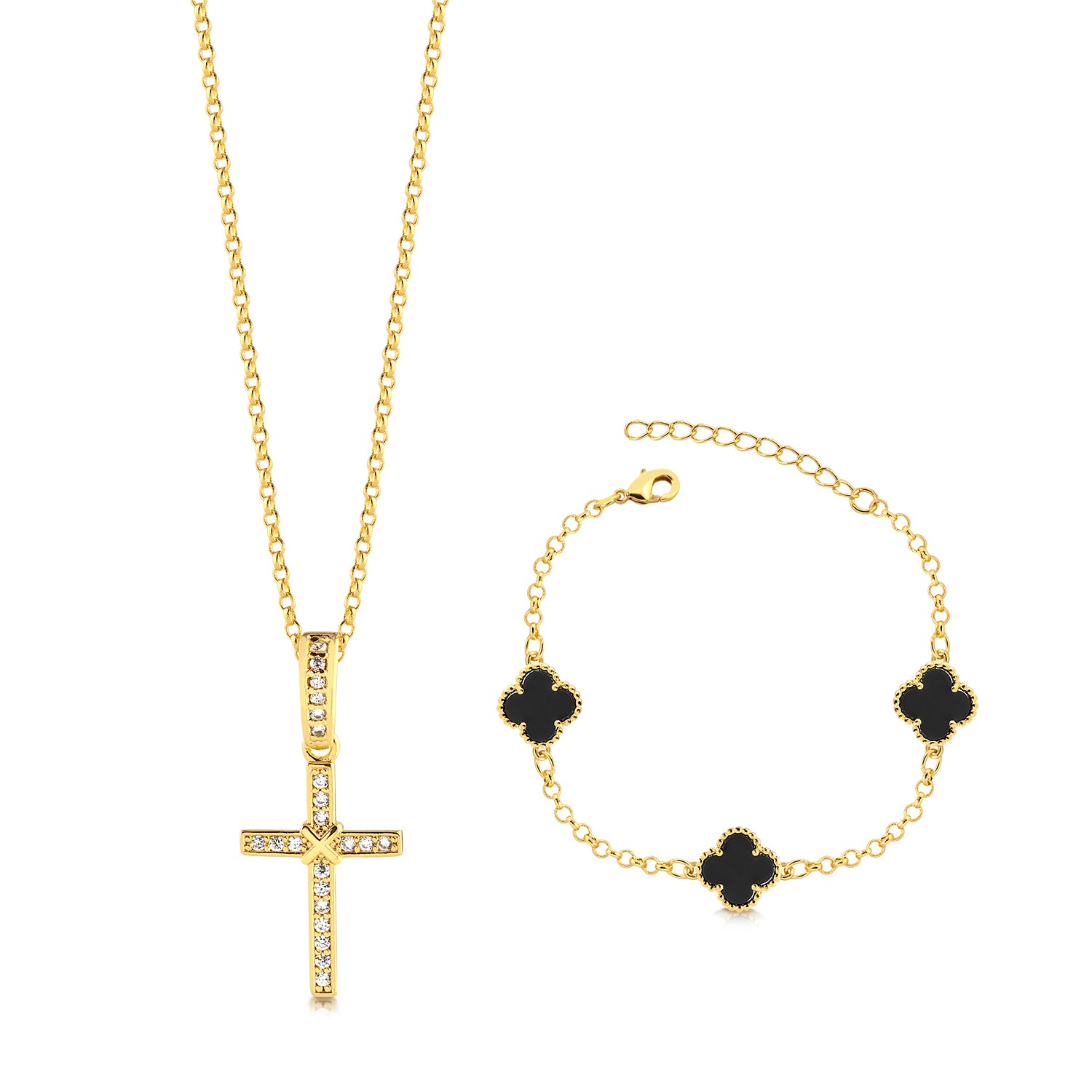 Colar Crucifixo Amarrado - Corrente Elo Português e Pulseira Elo Português Trevo Ônix Banhado A Ouro 18k