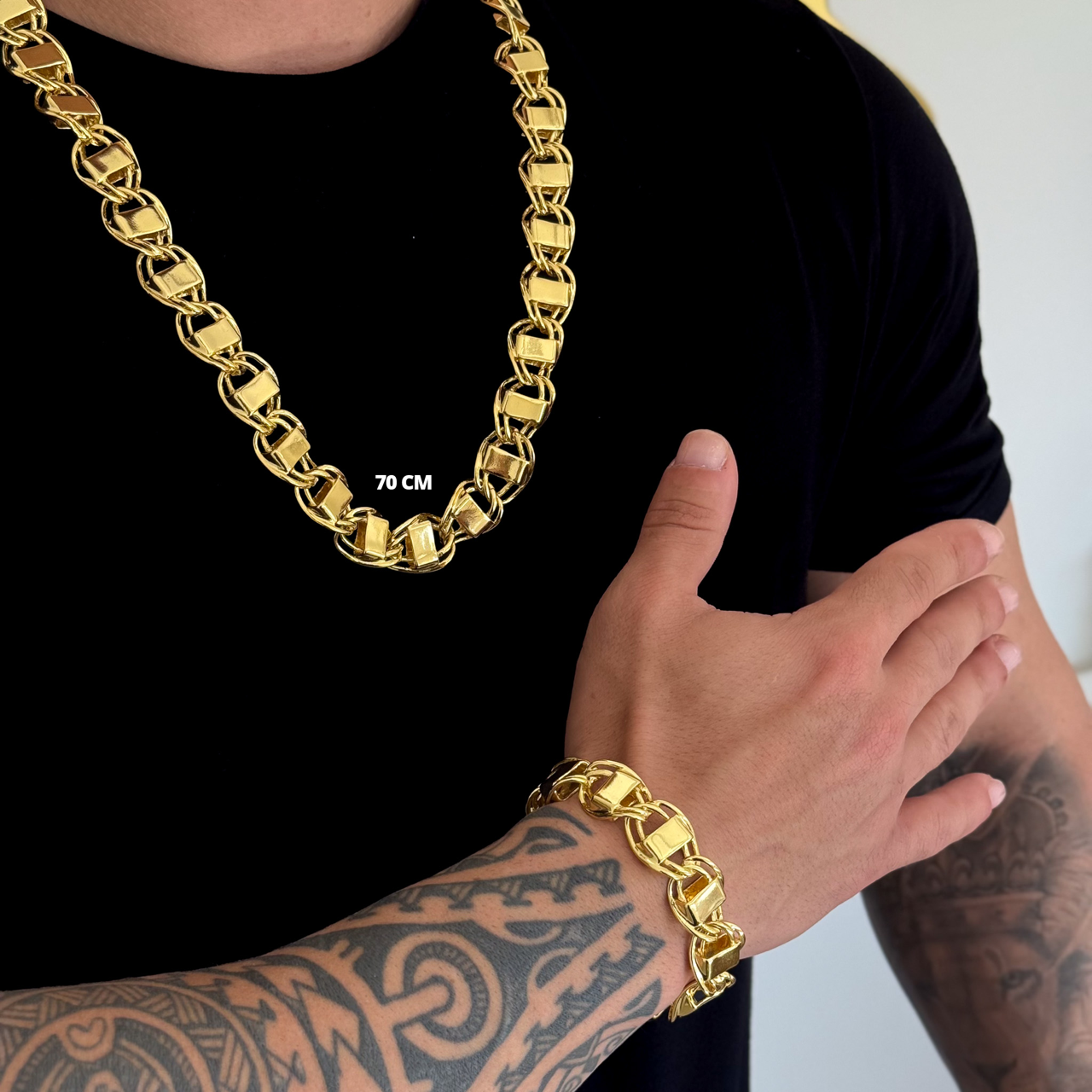 Kit Corrente e Pulseira Dubai 16mm Fecho Duplo Banhado A Ouro 18k