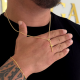 Colar Crucifixo Palito P - Corrente Cadeado e Pulseira Cadeado Alongado Banhado A Ouro 18k