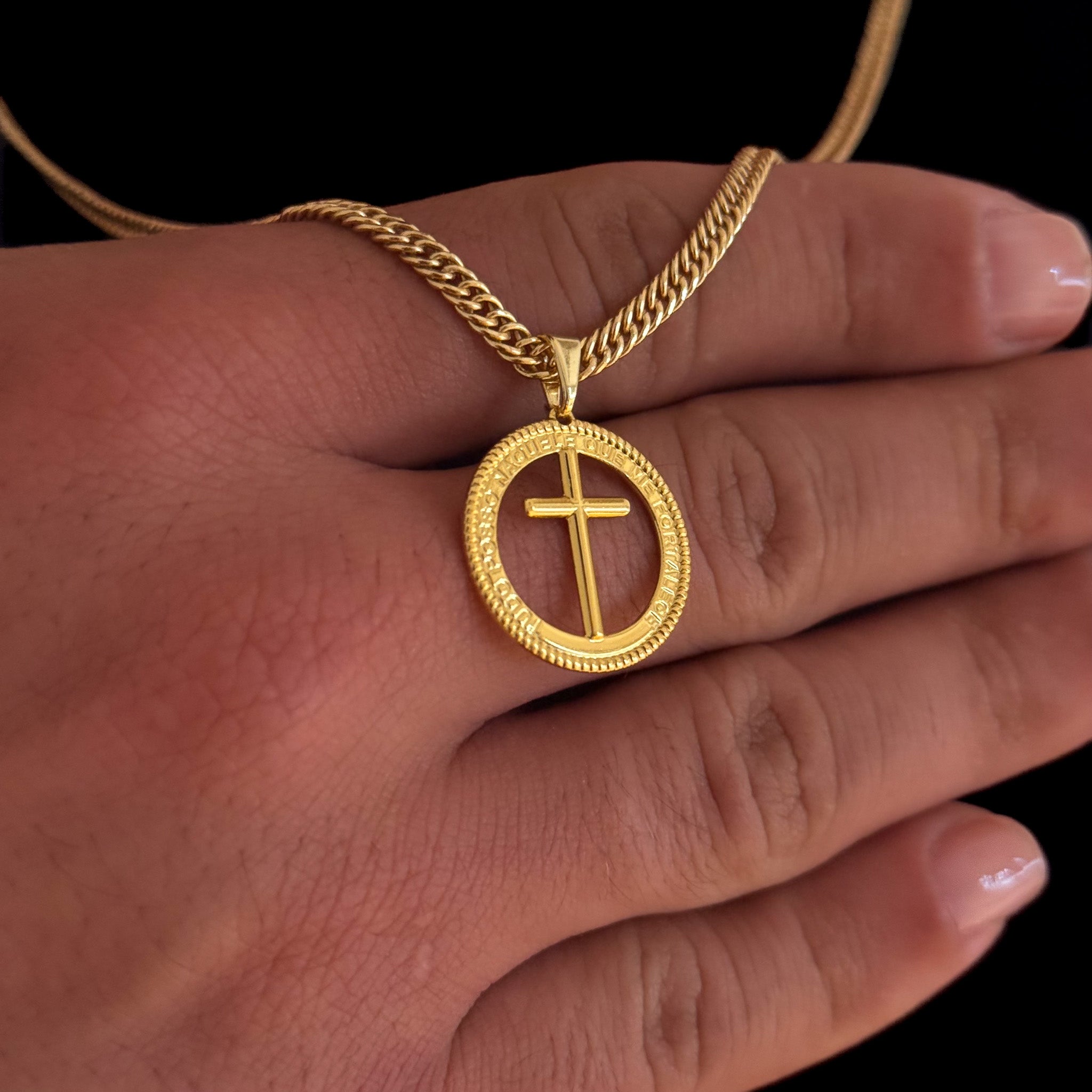 Colar Medalha Com Crucifixo - Corrente e Pulseira Lacraia Banhado A Ouro 18k