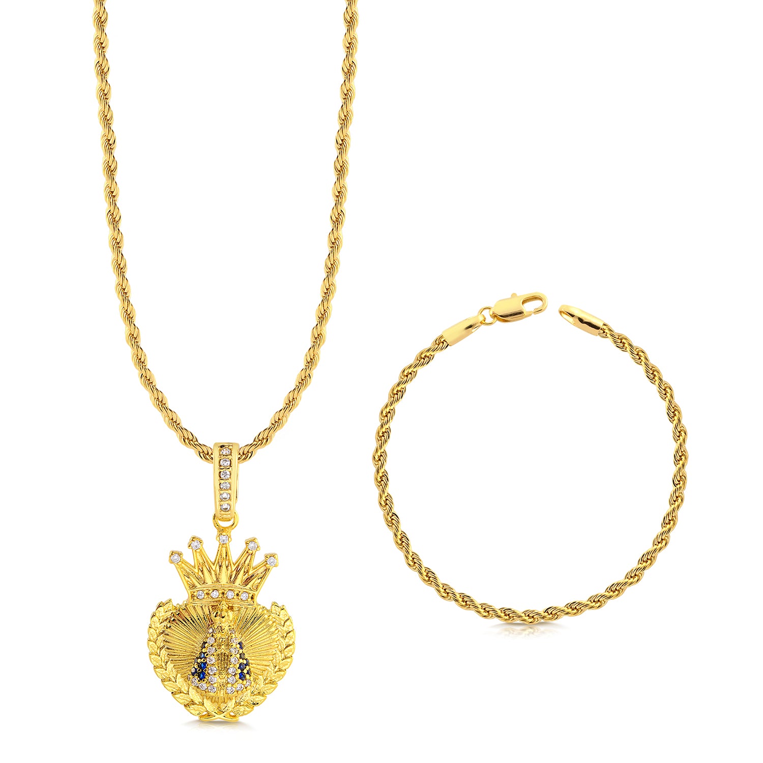 Colar Coração N. Sra. Aparecida Cravejado P - Corrente e Pulseira Baiana Banhado A Ouro 18k