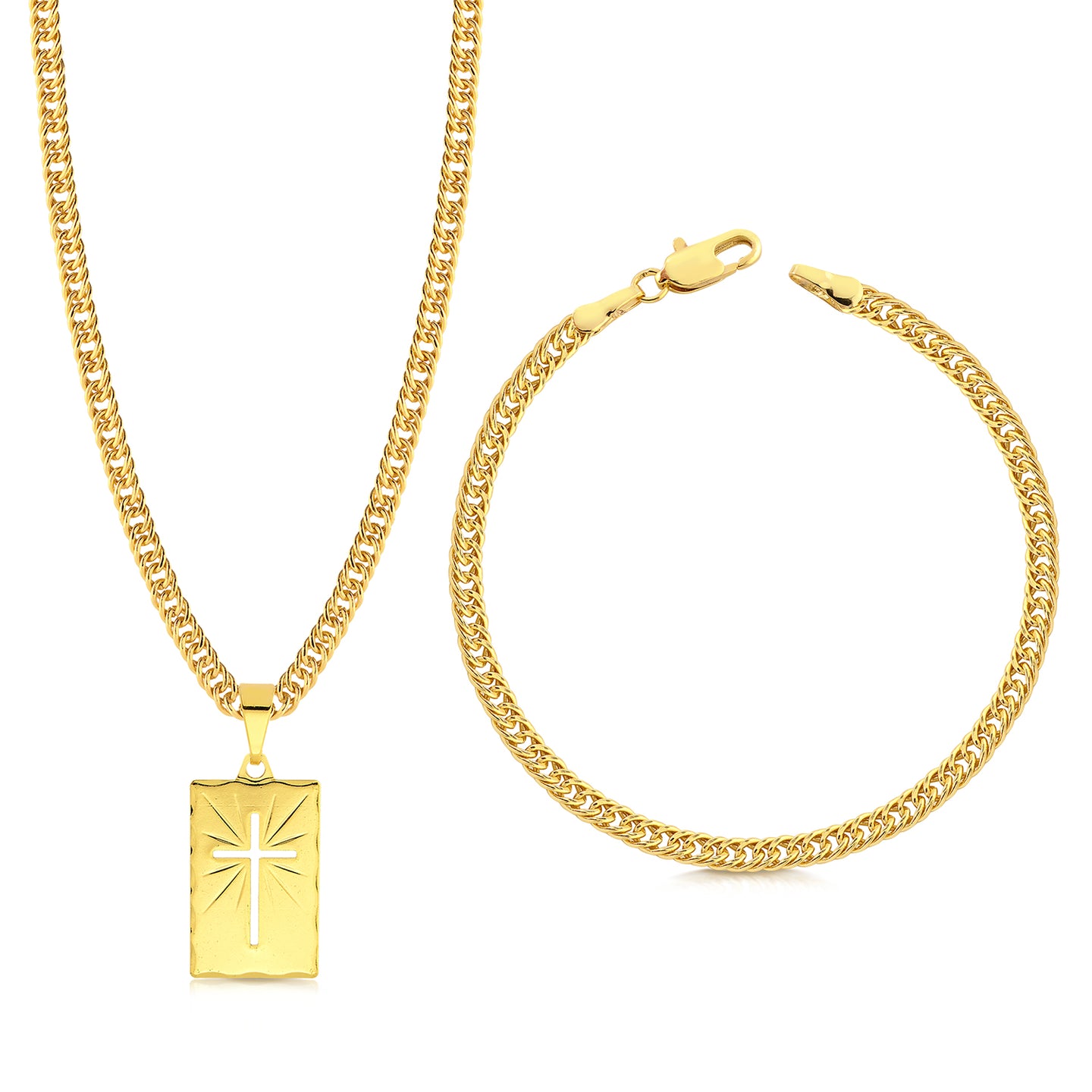 Colar Plaquinha Crucifixo Vazado - Corrente e Pulseira Lacraia Banhado A Ouro 18k