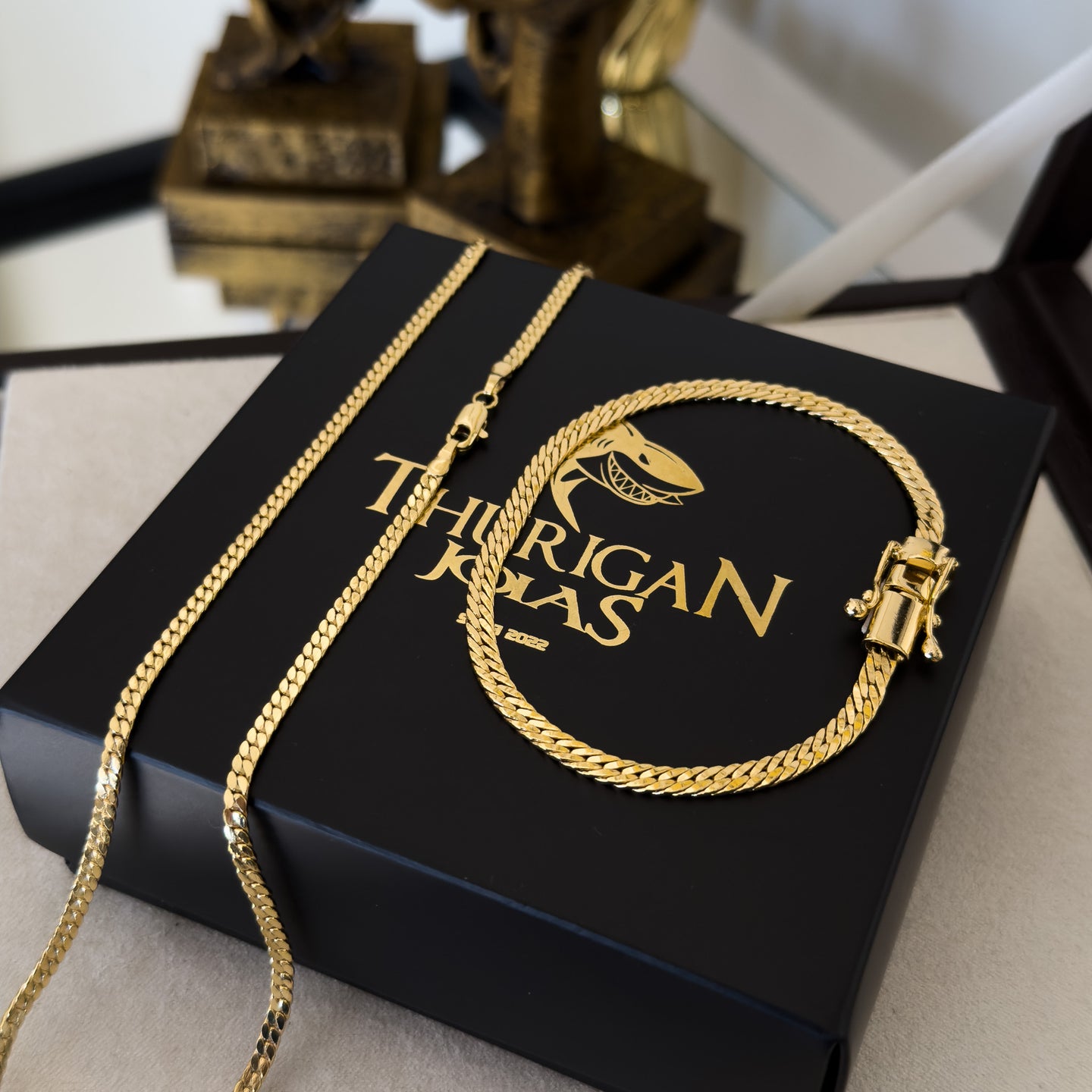 Kit Corrente e Pulseira Grumet Flat Banhado A Ouro 18k