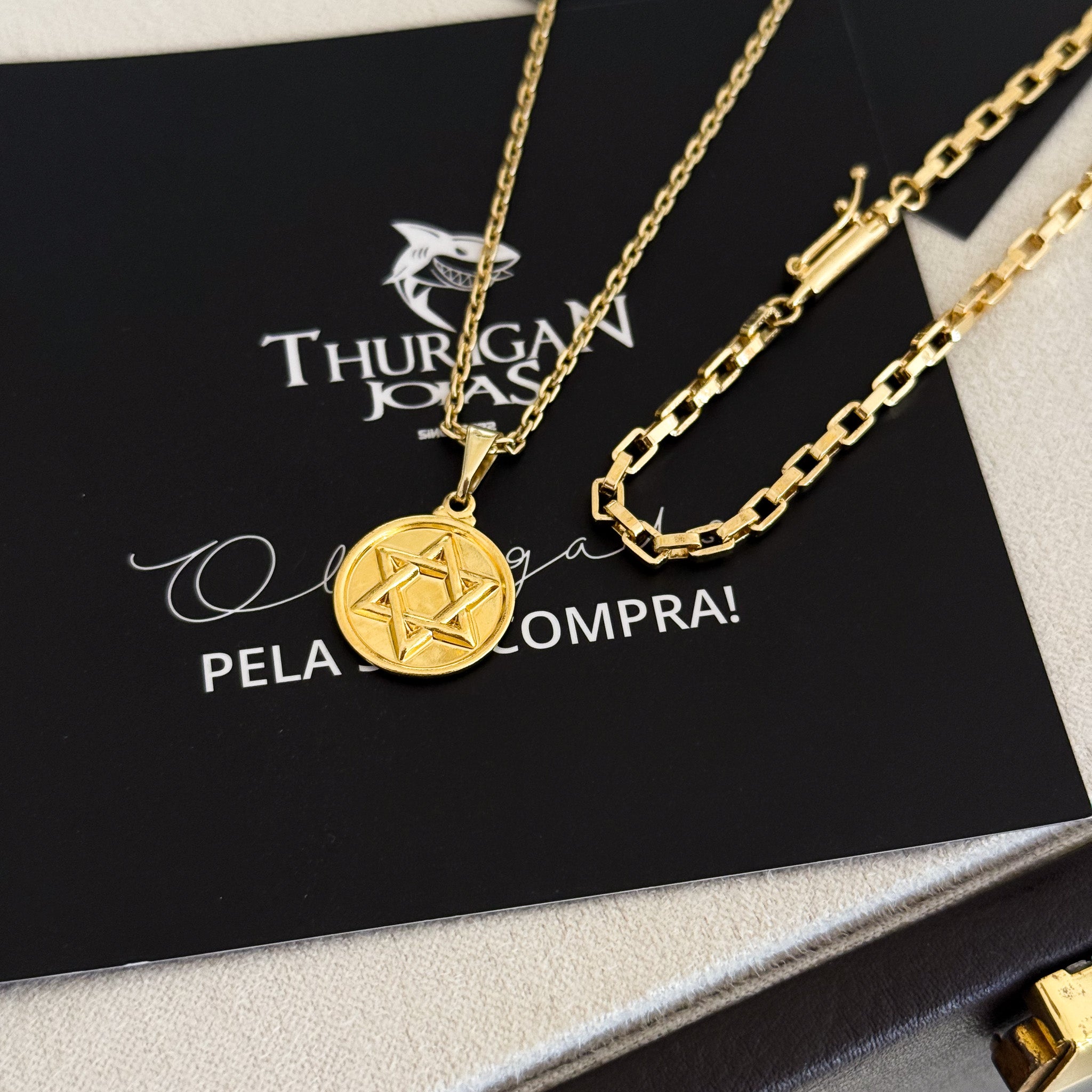Colar Medalha Estrela De Davi - Corrente Cadeado e Pulseira Veneziana Banhado A Ouro 18k