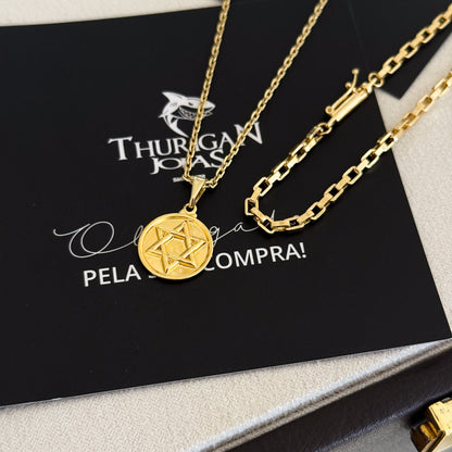 Colar Medalha Estrela De Davi - Corrente Cadeado e Pulseira Veneziana Banhado A Ouro 18k