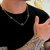 Kit Corrente e Pulseira Elo Português 2mm Trevo Esmeralda Banhado A Ouro 18k