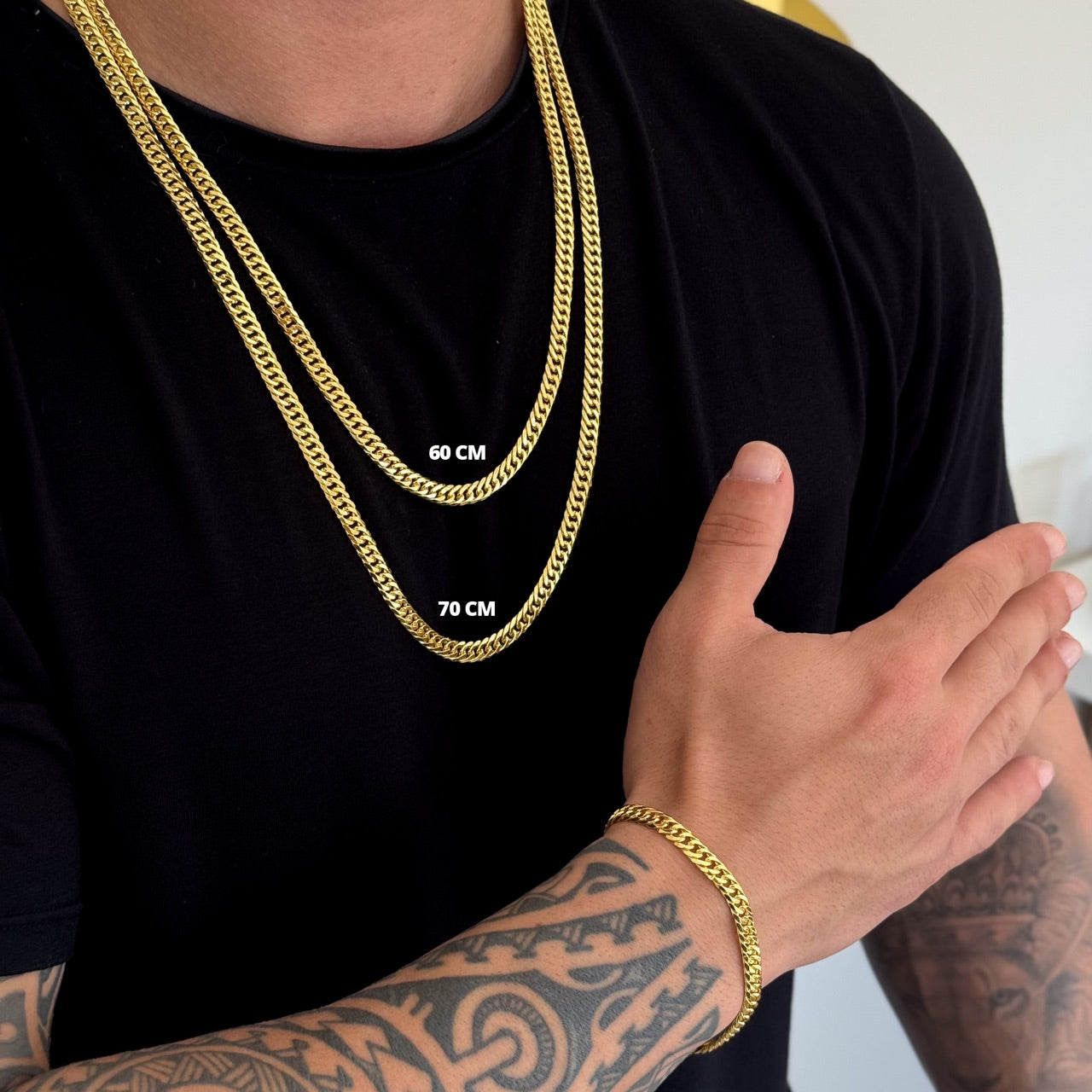 Kit Corrente e Pulseira Lacraia 10mm Fecho Duplo Banhado A Ouro 18k