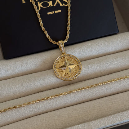 Colar Medalha Rosa Dos Ventos Cravejado P - Corrente e Pulseira Baiana Banhado A Ouro 18k