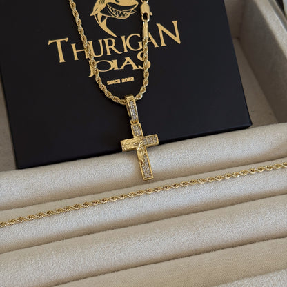 Colar Crucifixo Face De Cristo Cravejado P - Corrente e Pulseira Baiana Banhado A Ouro 18k