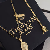 Colar Plaquinha Oval N. Sra. Das Graças - Corrente Cadeado Alongado e Pulseira Piastrine Banhado A Ouro 18k