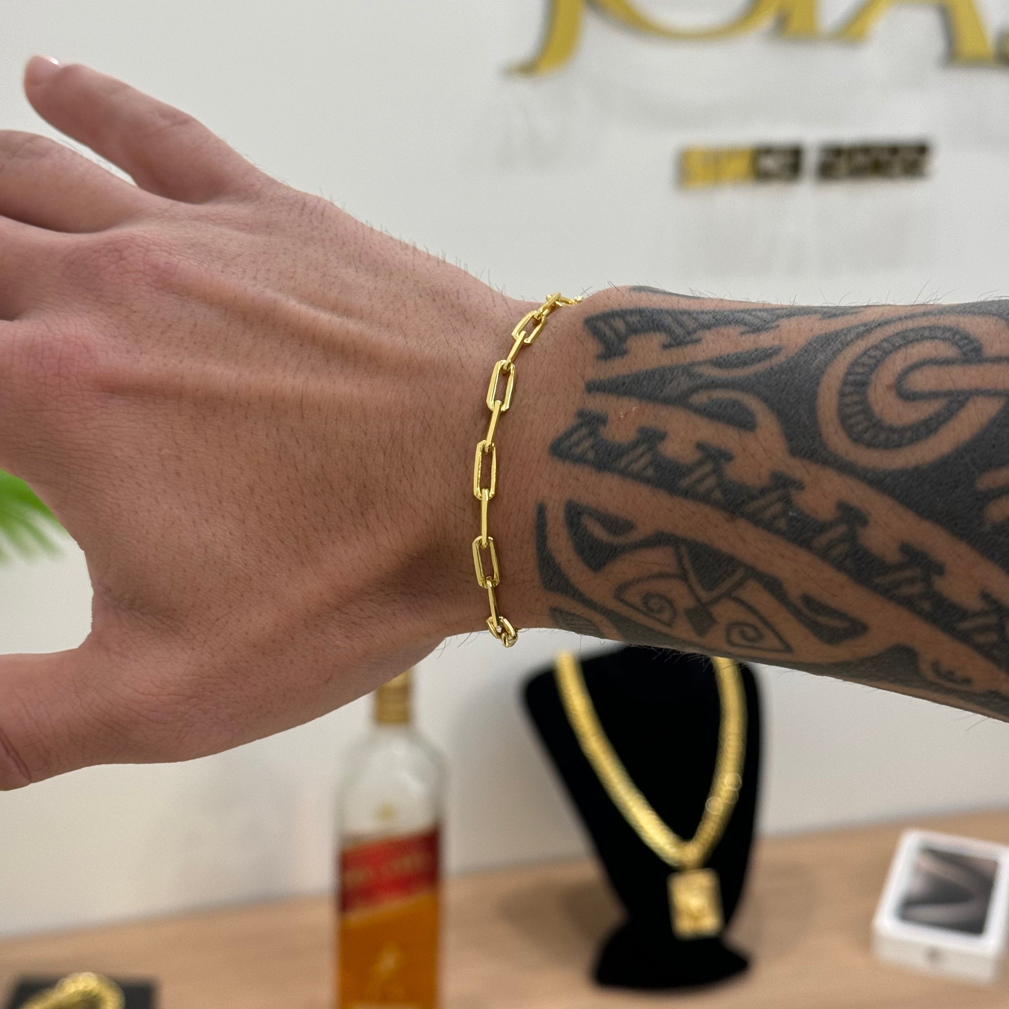 Pulseira Cadeado Alongado 4mm 5gr Fecho Duplo Banhado A Ouro 18k