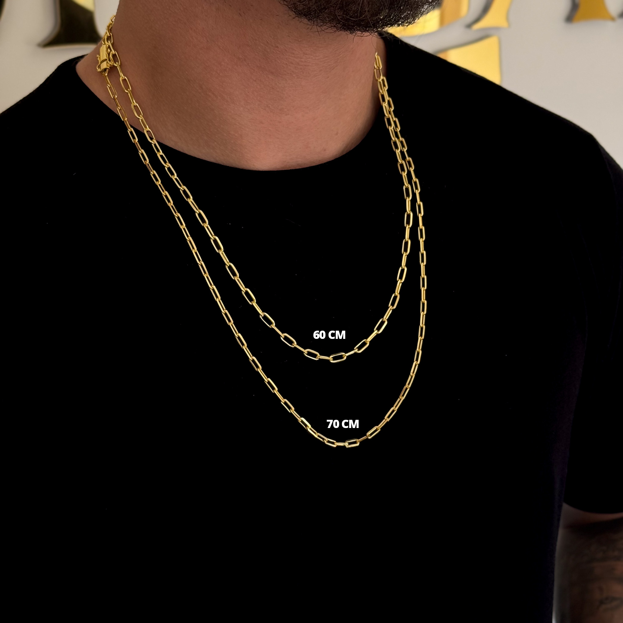Kit Corrente e Pulseira Cadeado Alongado 4mm Fecho Duplo Banhado A Ouro 18k