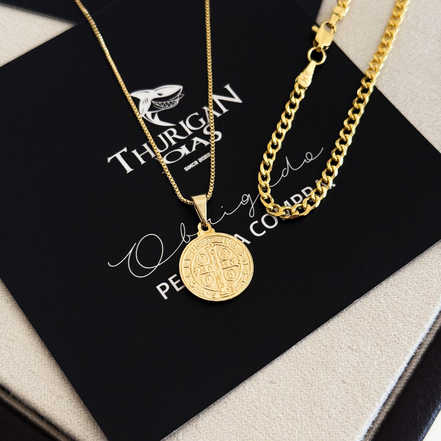 Colar Medalha De São Bento - Corrente Veneziana e Pulseira Grumet Banhado A Ouro 18k