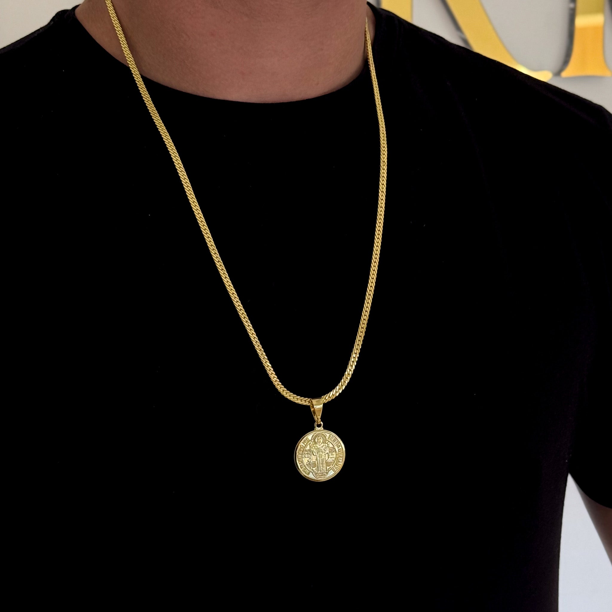 Colar Medalha De São Bento - Corrente e Pulseira Grumet Flat 4mm Banhado A Ouro 18k