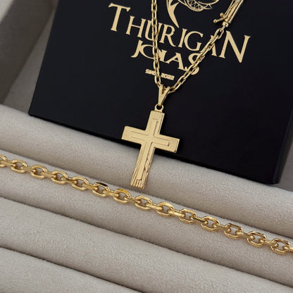 Colar Crucifixo Em Alto Relevo - Corrente e Pulseira Cadeado Banhado A Ouro 18k