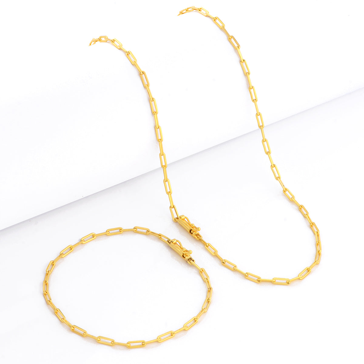 Kit Corrente e Pulseira Cadeado Alongado 2mm Fecho Bomba Banhado A Ouro 18k