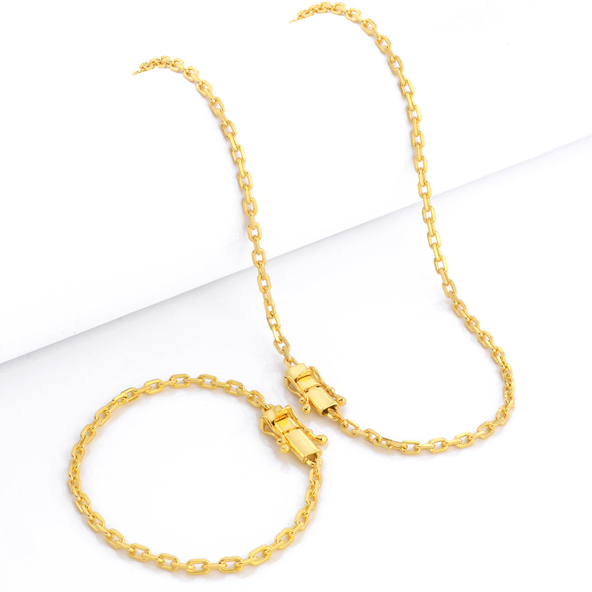 Kit Corrente e Pulseira Cadeado 3,5mm Fecho Duplo Banhado A Ouro 18k