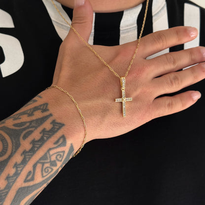 Colar Crucifixo Amarrado Cravejado - Corrente e Pulseira Cadeado Alongado Banhado A Ouro 18k