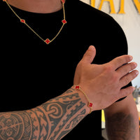 Kit Corrente e Pulseira Elo Português 2mm Trevo Rubi Banhado A Ouro 18k