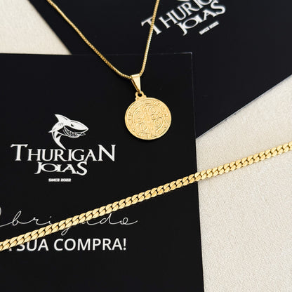 Colar Medalha De São Bento - Corrente Veneziana e Pulseira Grumet Flat Banhado A Ouro 18k