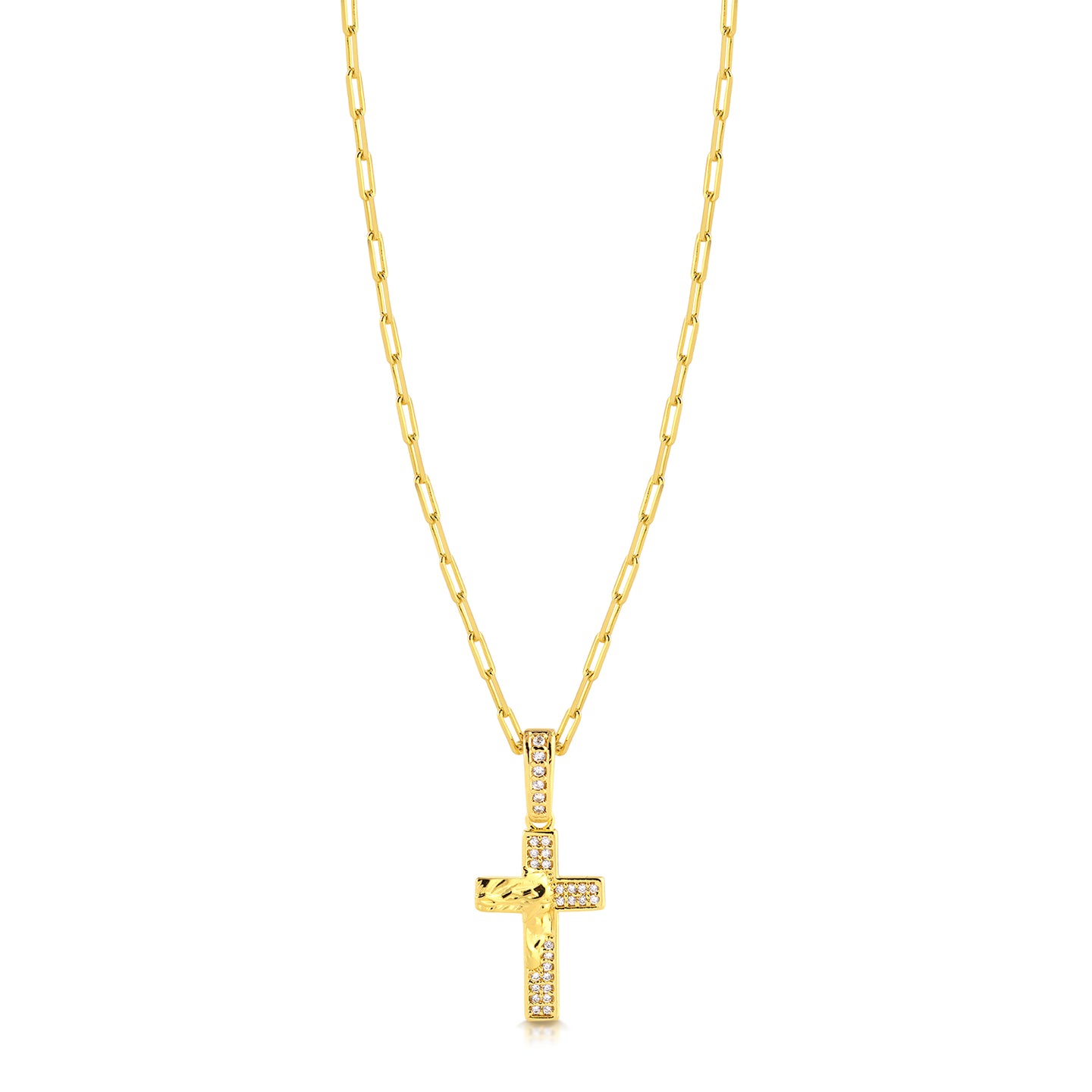 Colar Crucifixo Face De Cristo Cravejado P - Corrente Cadeado Alongado Banhado A Ouro 18k