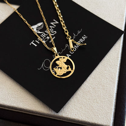 Colar Medalha de São Jorge Vazado - Corrente Cadeado Alongado e Pulseira Veneziana Banhado A Ouro 18k