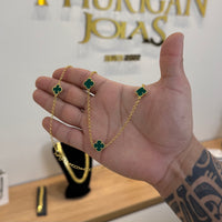 Corrente Elo Português 2mm Trevo Esmeralda Banhado A Ouro 18k