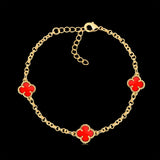 Kit Corrente e Pulseira Elo Português 2mm Trevo Rubi Banhado A Ouro 18k