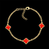 Kit Corrente e Pulseira Elo Português 2mm Trevo Rubi Banhado A Ouro 18k
