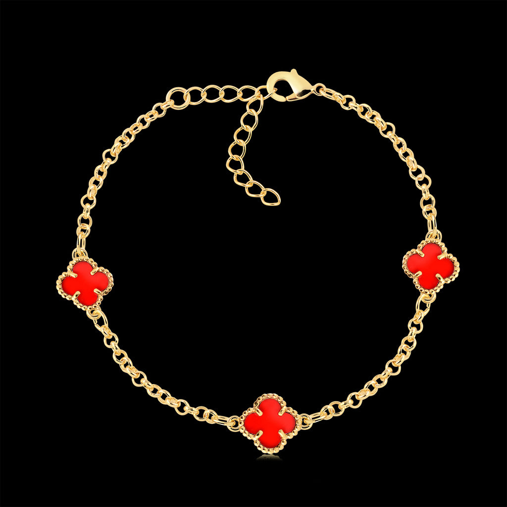 Kit Corrente e Pulseira Elo Português 2mm Trevo Rubi Banhado A Ouro 18k