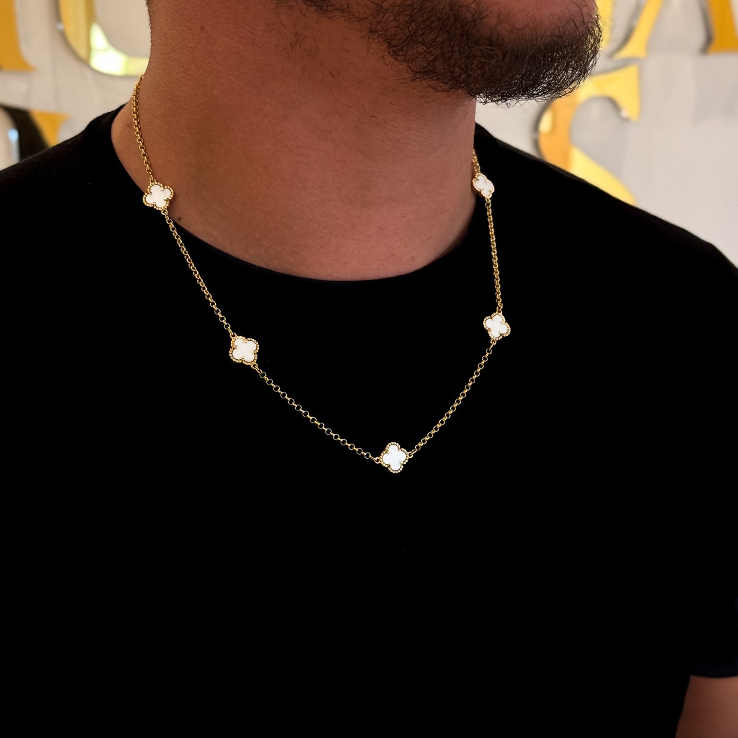 Corrente Elo Português 2mm Trevo Safira Banhado A Ouro 18k