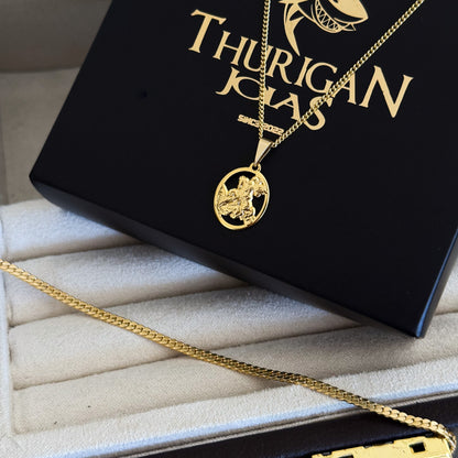 Colar Plaquinha Oval São Jorge Vazado - Corrente Grumet e Pulseira Grumet Flat Banhado A Ouro 18k