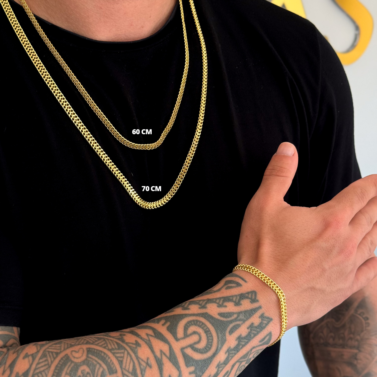 Kit Corrente e Pulseira Grumet Dupla 7mm Fecho Duplo Banhado A Ouro 18k