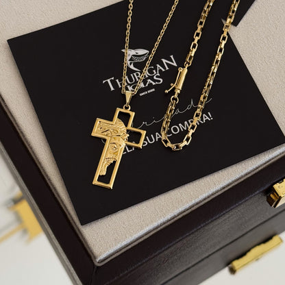 Colar Crucifixo Com Jesus Vazado - Corrente Cadeado e Pulseira Veneziana Banhado A Ouro 18k